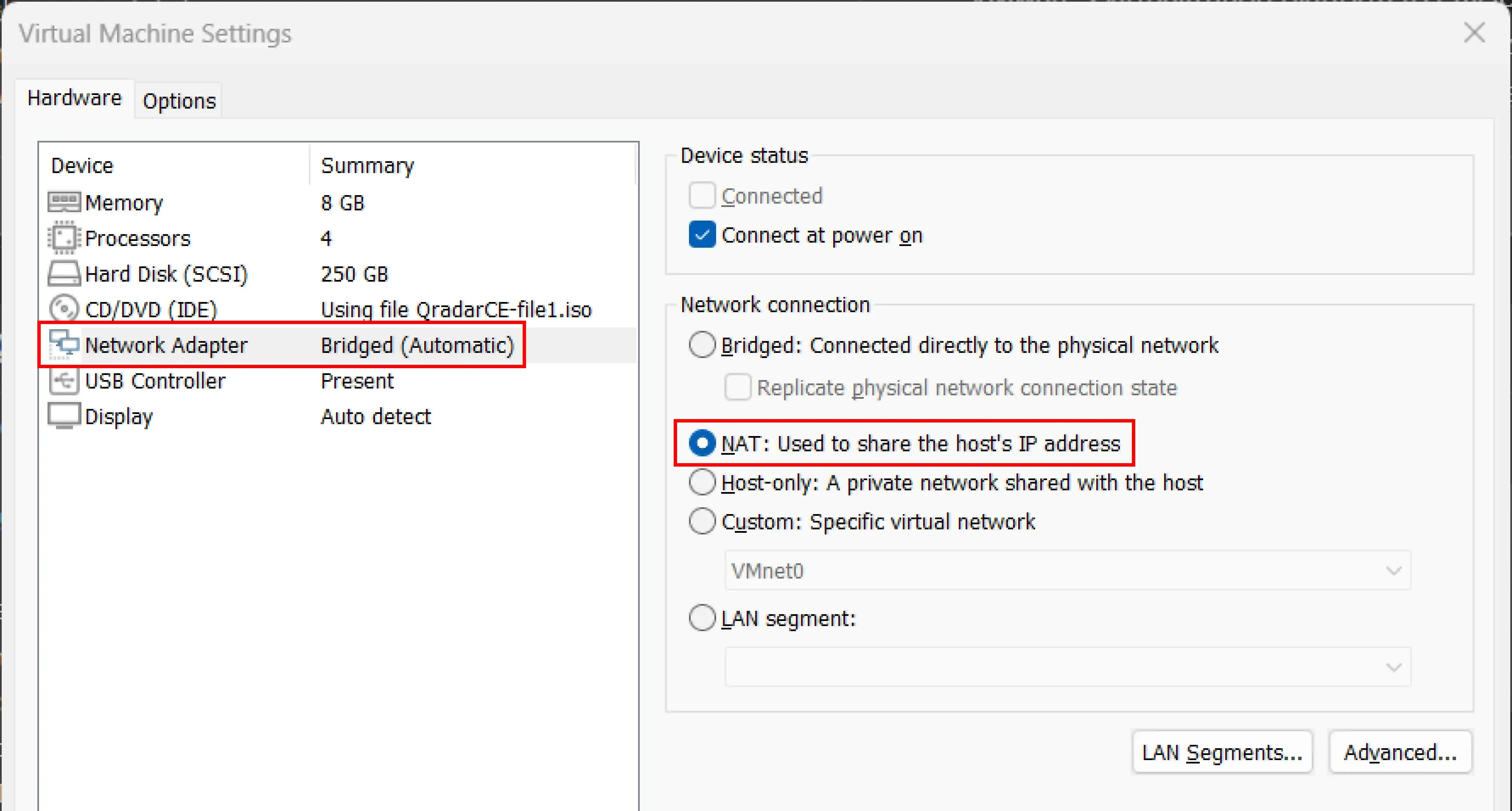 Set the Network Adapter from Bridged to NAT